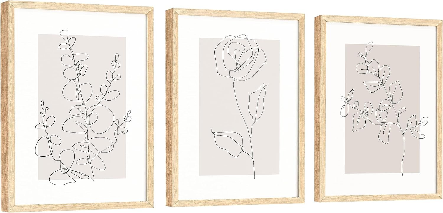 EXCOOL CLUB Beige Botanical Wall Art – 12×16 Abstract Line Art Wall Decor, Neutral Vintage Prints, Black And White Minimalist Flower Pictures for Bedroom, Living Room (UNFRAMED)