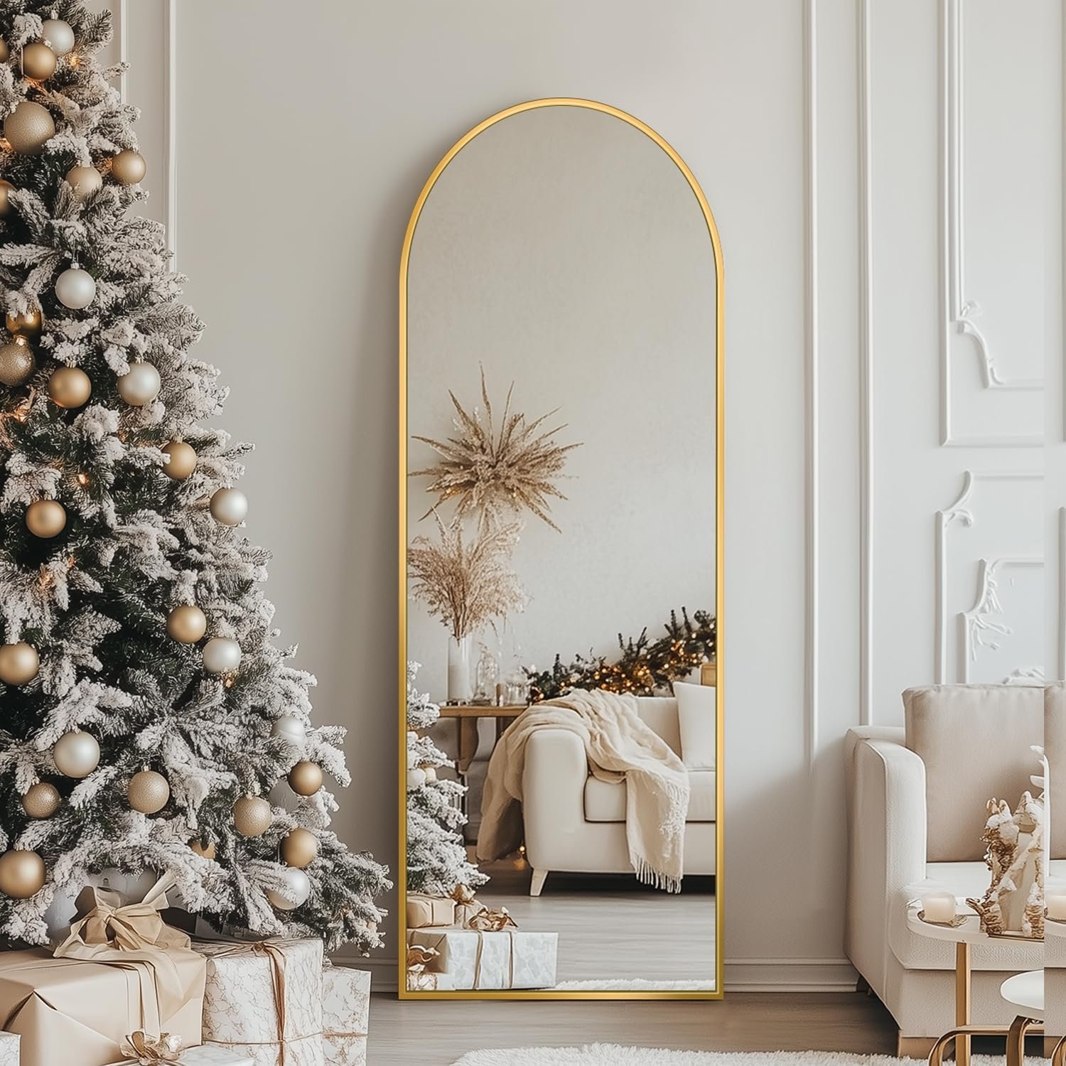 Antok 56″ x15” Arched Full Length Floor Mirror, Gold Aluminum Frame, Free Standing/Wall Mount/Leaning for Bedroom, Living Room, Dressing Room