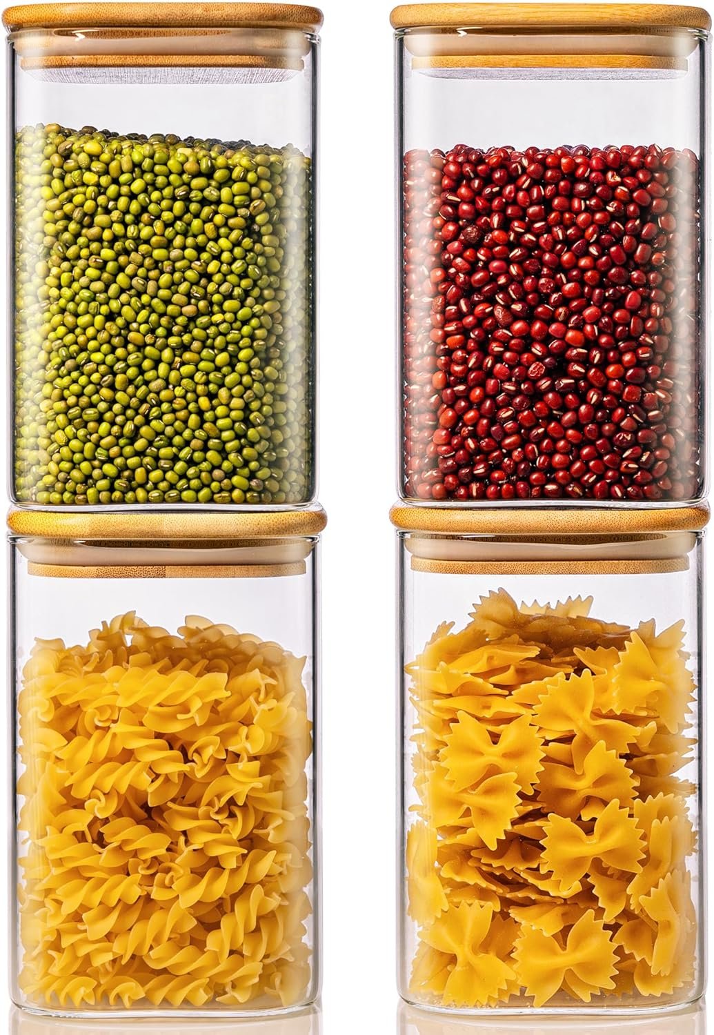 42oz – 4 Pack Square Glass Jars with Bamboo Lids, Glass Food Storage Containers with Airtight Lids for Kitchen, Air Tight Pantry Storage Containers for Cereal, Pasta, Rice, Sugar, Coffee, Spice