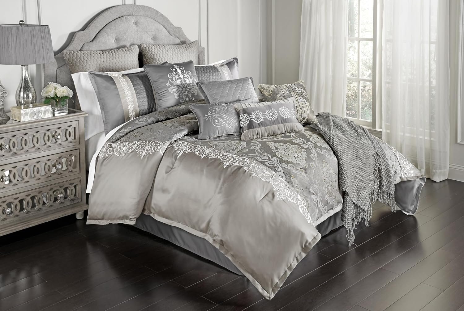 Riverbrook Home Elegant Collection Comforter Set, Queen, Kacee – Platinum, 12-Piece Set
