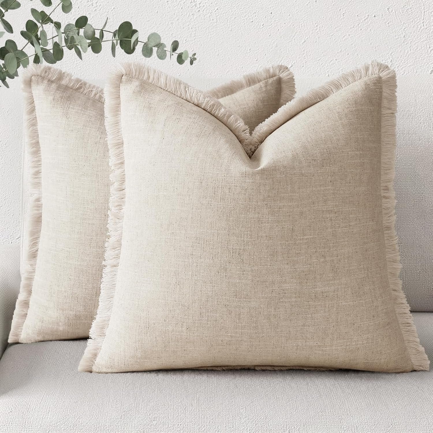 decorUhome Summer Decorative Neutral Linen Fringe Throw Pillow Covers Set of 2 Natural Beige Pillow Covers with Tassels Soft Farmhouse Boho Accent Pillow Cases for Couch Bed Sofa 18×18 Inch