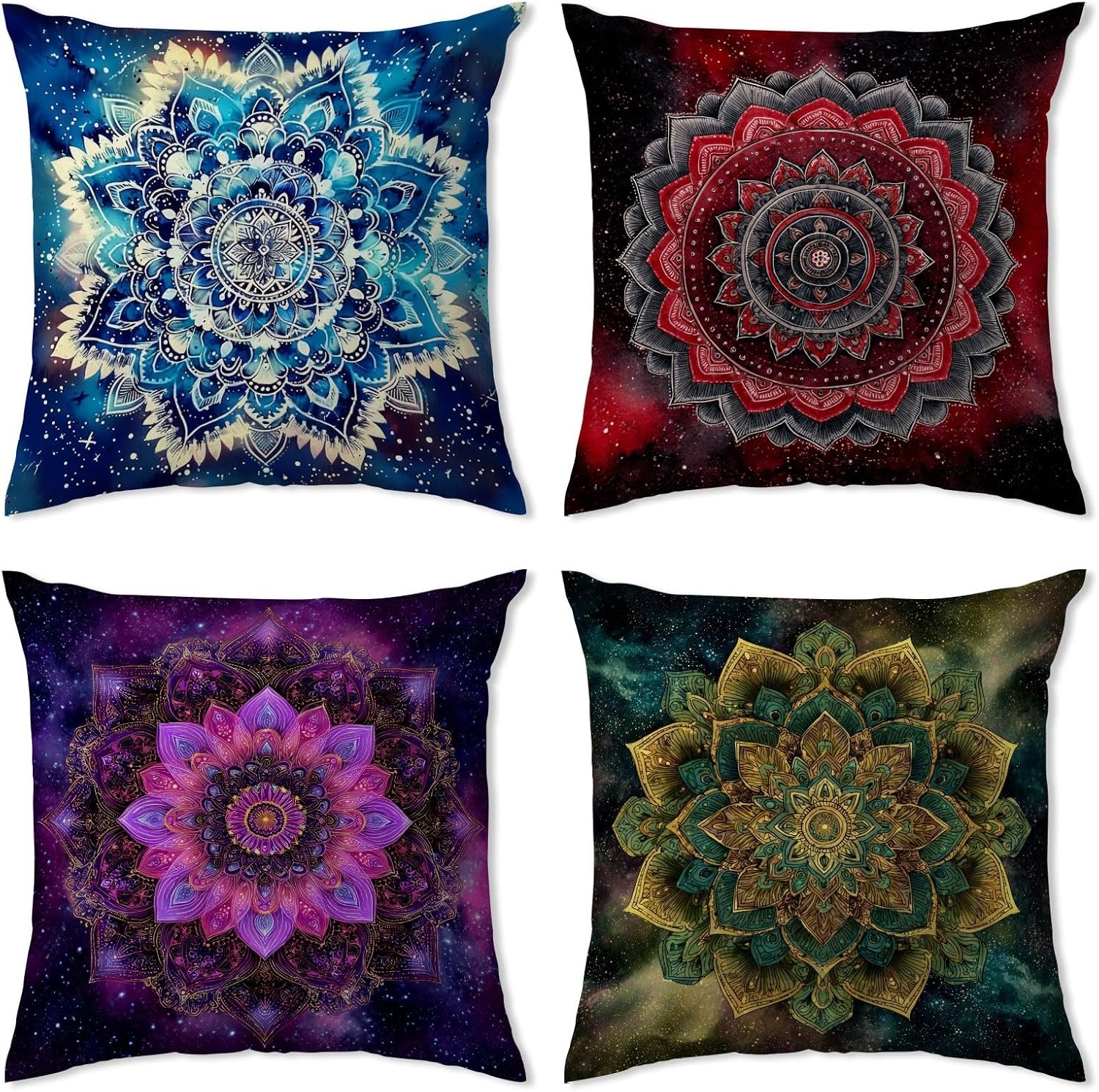 Set of 4 Retro Floral Mandala Throw Pillow Covers Bohemian Flowers Velvet Pillow Covers 18×18 Colorful Retro Ethnic Pillowcase for Couch Bed Boho Fluffy Velvet Sofa Cushion Case for Patio Living Room