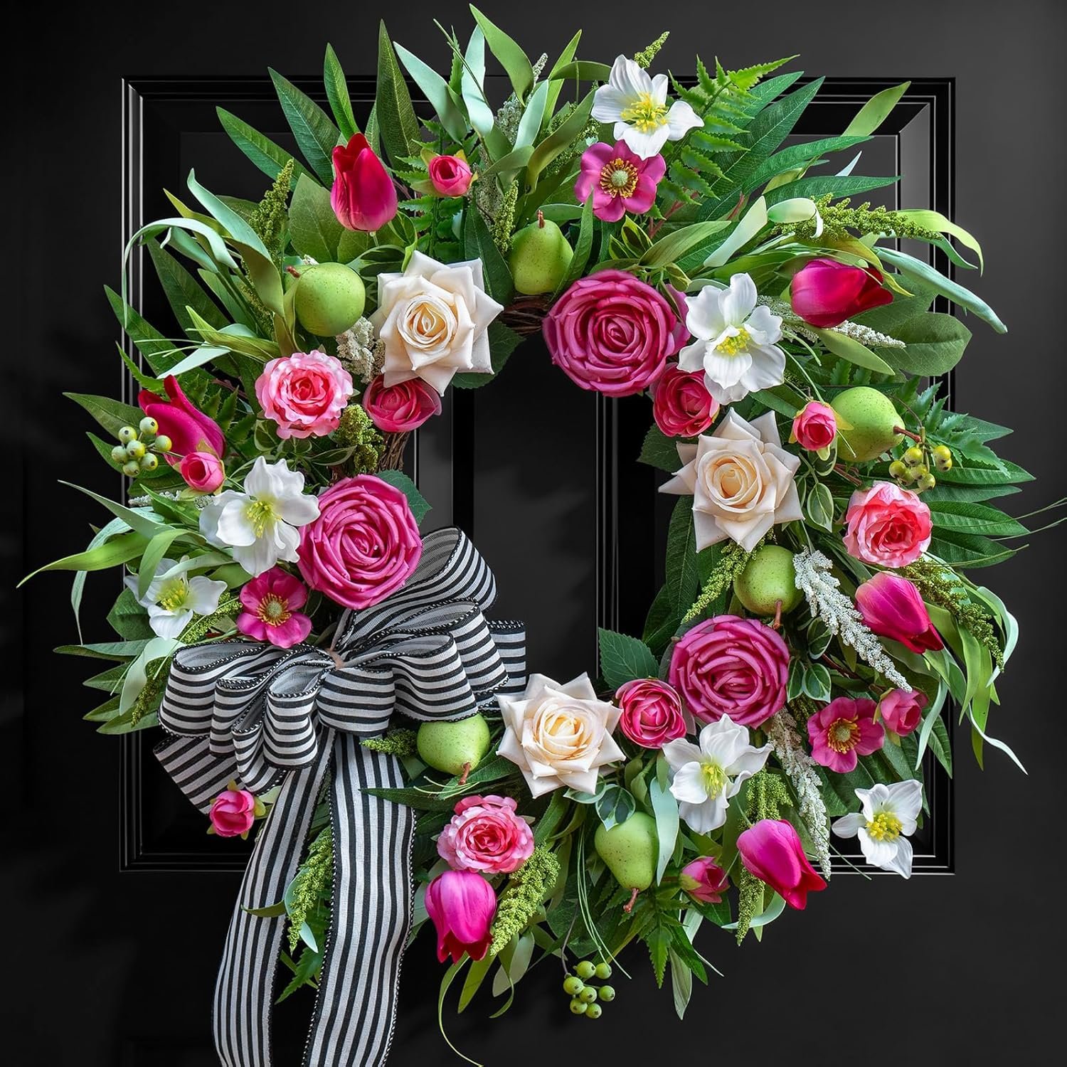 Spring Summer Wreaths for Front Door 24 Inch with Roses, Tulips & Greenery Spring Wreaths for Front Door Outside Summer Door Wreath with Ribbon Bow & Decorative Fruits Outdoor Wreath for Front Door