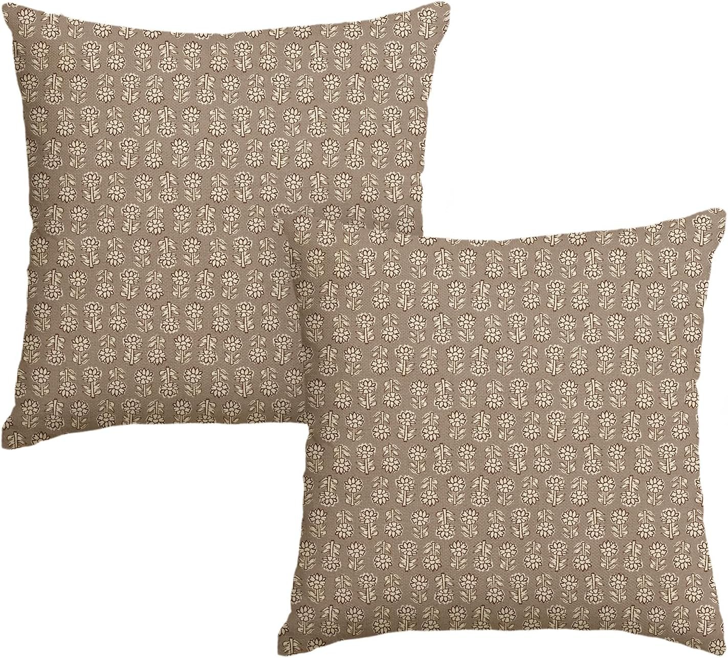 AVOIN colorlife Vintage Floral Boho Throw Pillow Covers Set of 2, 18 x 18 Inch Modern Farmhouse Bohemia Flowers Tan Taupe Cushion Case Decoration for Sofa Couch Living Room Bedroom