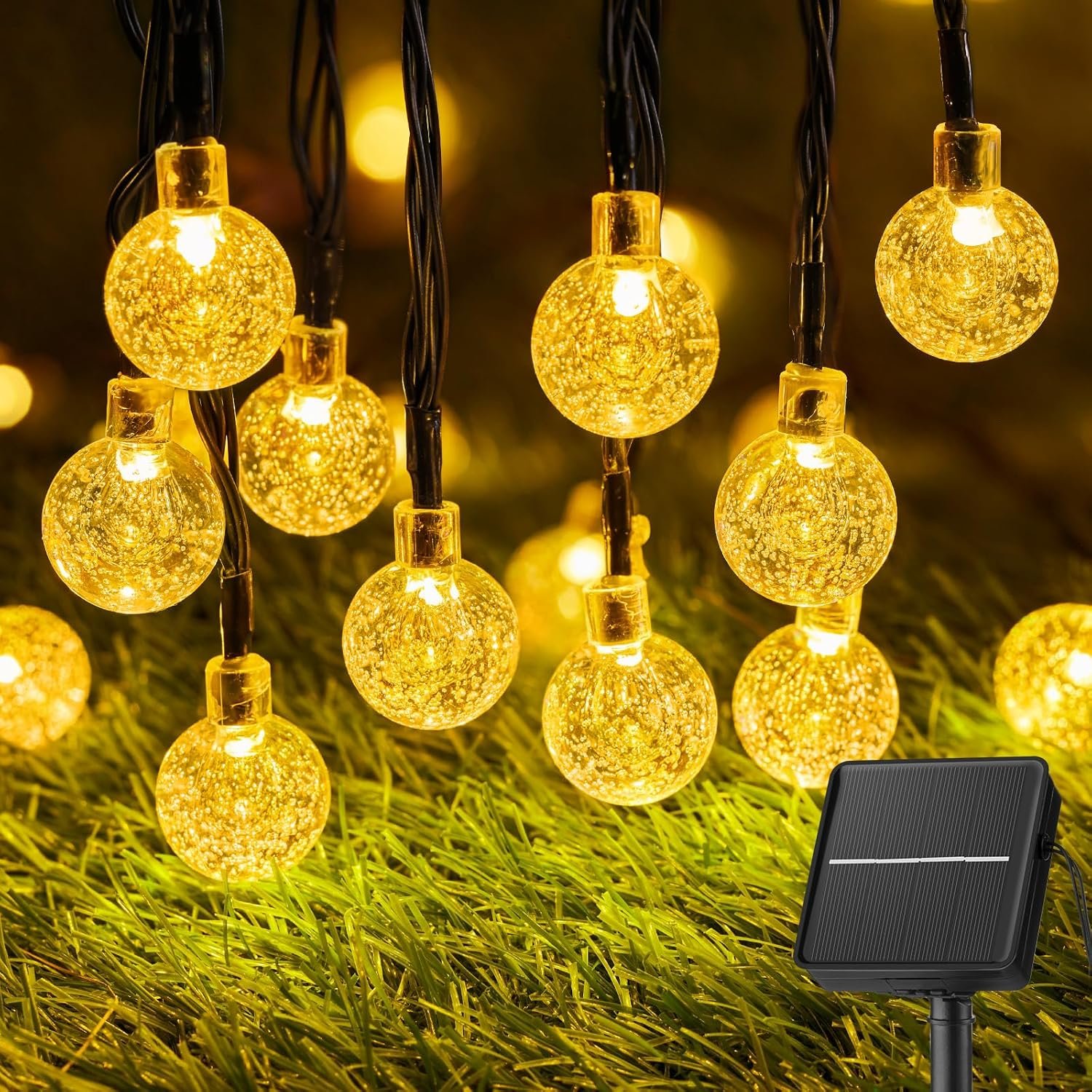 Solar String Lights Outdoor 60 LED 36FT with 8 Lighting Modes, Waterproof Solar Powered Crystal Globe Patio Lights for Garden Yard Porch Wedding Party Decor (Warm White)