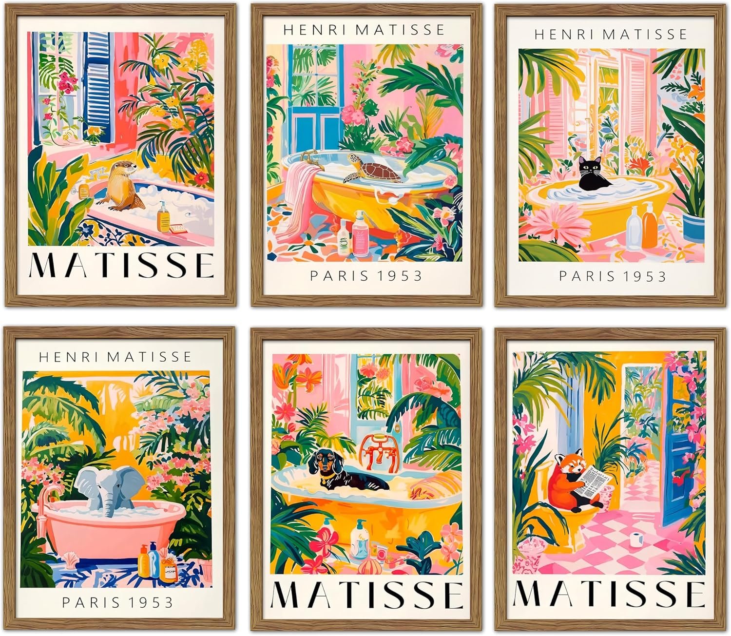 Vintage Matisse Canvas Wall Art Set of 6, Cat, Dachshund, Elephant, Panda, Otter and Turtle Poster Prints, Whimsical Colorful Abstract Artwork, Funny Wall Decor for Bathroom Toilet 8x10in Unframed