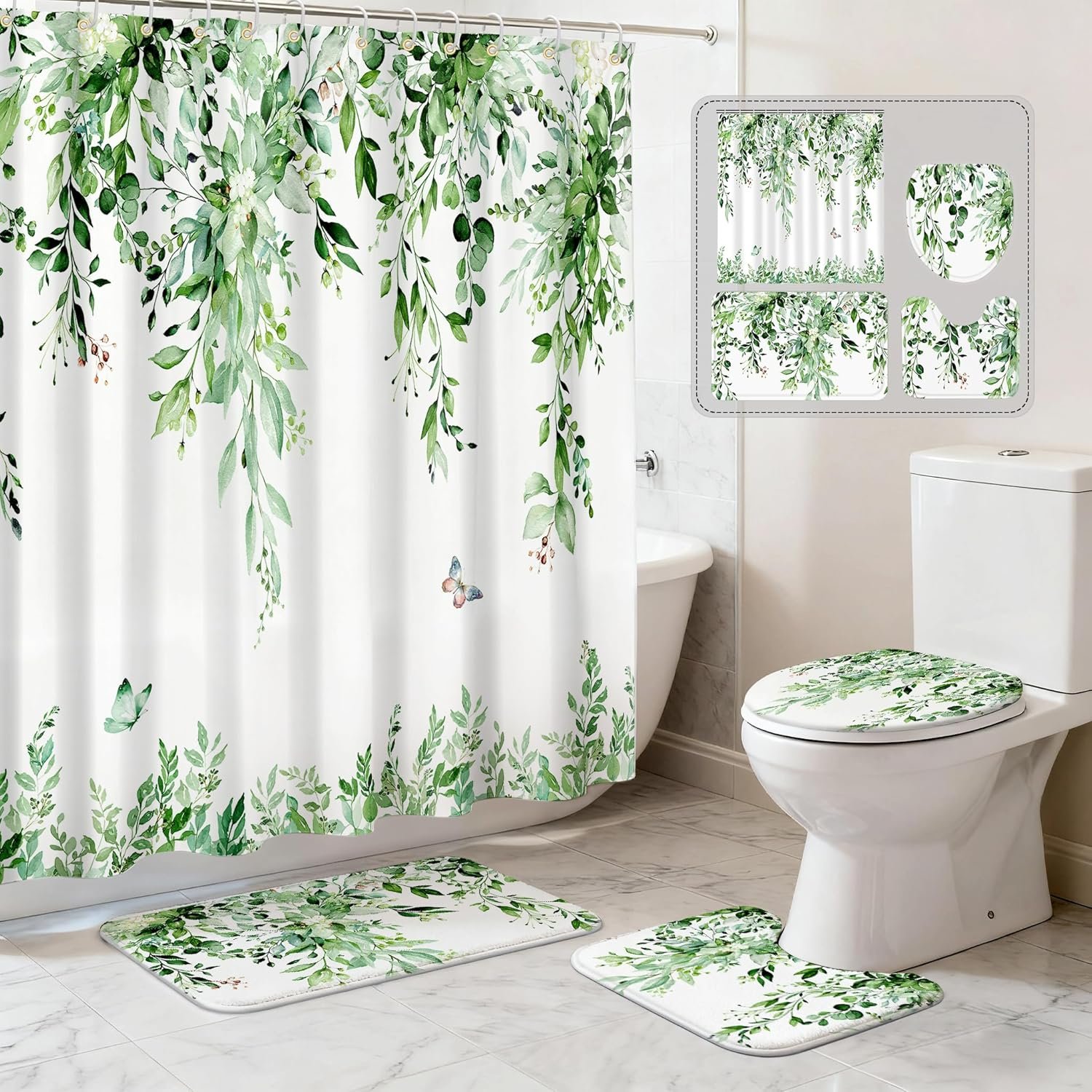 16 Pcs Sage Green Eucalyptus Bathroom Sets with heavyweigt Shower Curtain and quick absorbent foam Rugs-Modern Minimalist Bathroom Decor Accessories with green leaf shower curtain and metal hooks