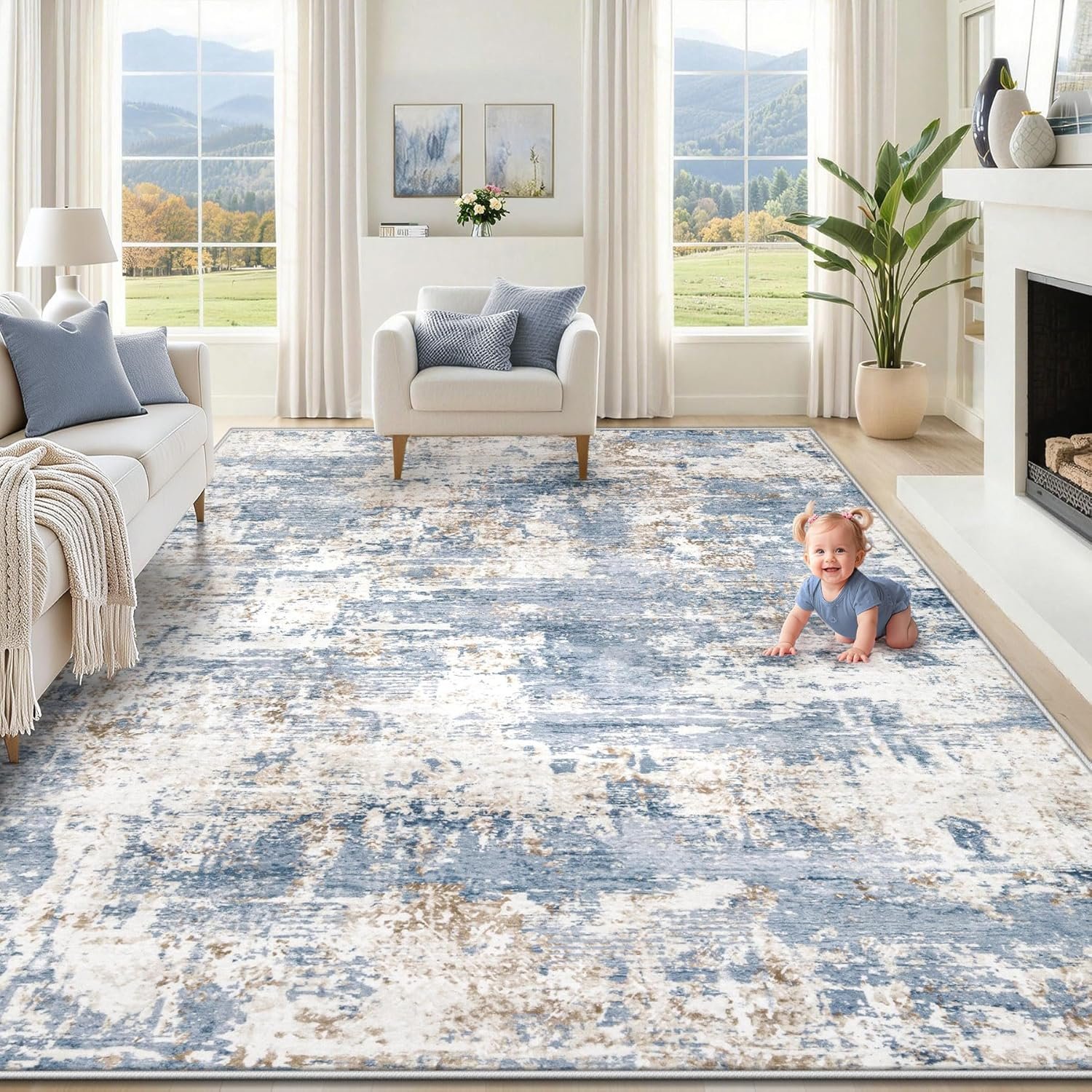 XLUEZ 8×10 Area Rugs for Living Room, Washable Modern Abstract Large Area Rug Neutral Soft Non Slip Kids Rug Stain Resistant Indoor Carpet for Bedroom Nursery Dining Children’s Room(Blue, 8’x10′)