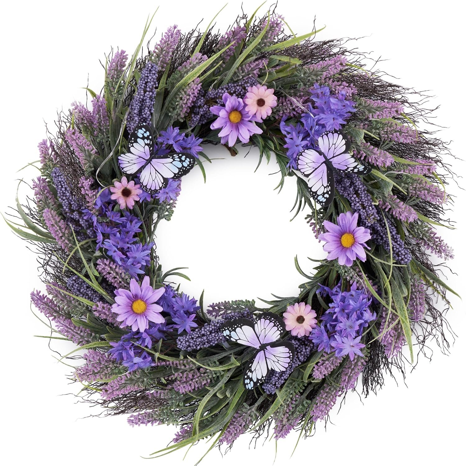 Valery Madelyn Spring Lavender Wreaths for Front Door, Artificial Floral Summer Wreath with Lights Purple Bellflower Berries Butterfly for Home Outside Wedding Porch Window Arch Decor-18”