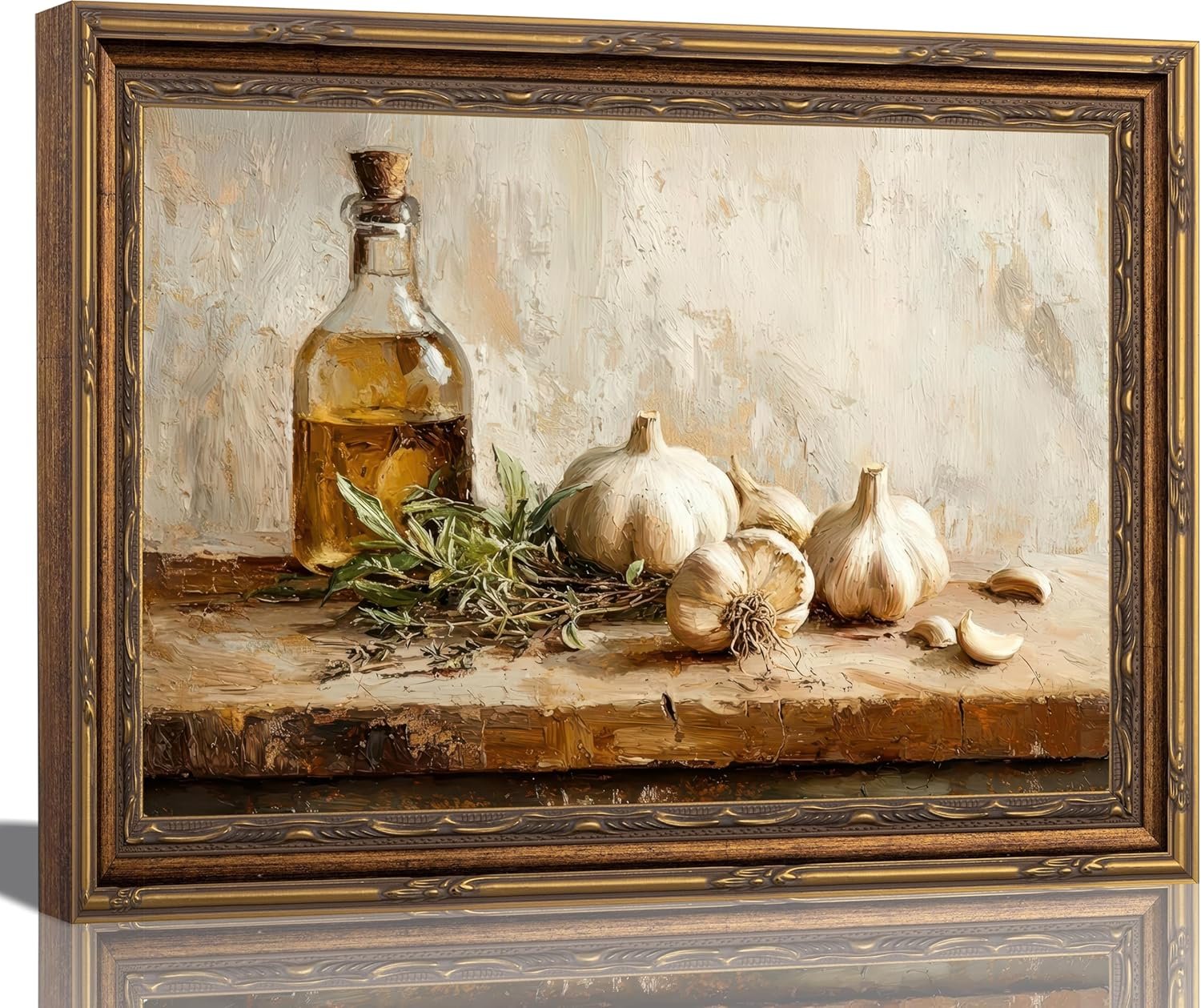 Vintage Garlic Oil Kitchen Framed Wall Art – Rustic Still Life Canvas Print – Farmhouse Decor for Kitchen – 9×11 Inches