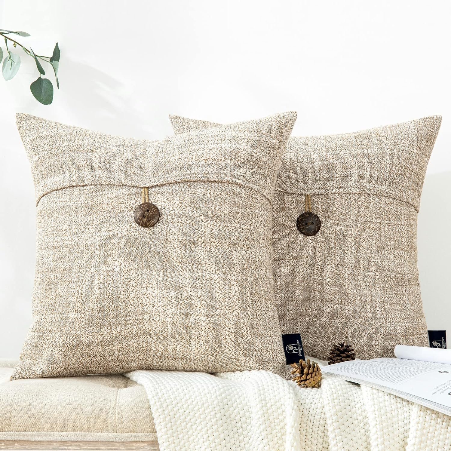 Phantoscope Pack of 2 Farmhouse Throw Pillow Covers Button Vintage Linen Decorative Pillow Cases for Couch Bed and Chair Beige, 18 x 18 inches 45 x 45 cm
