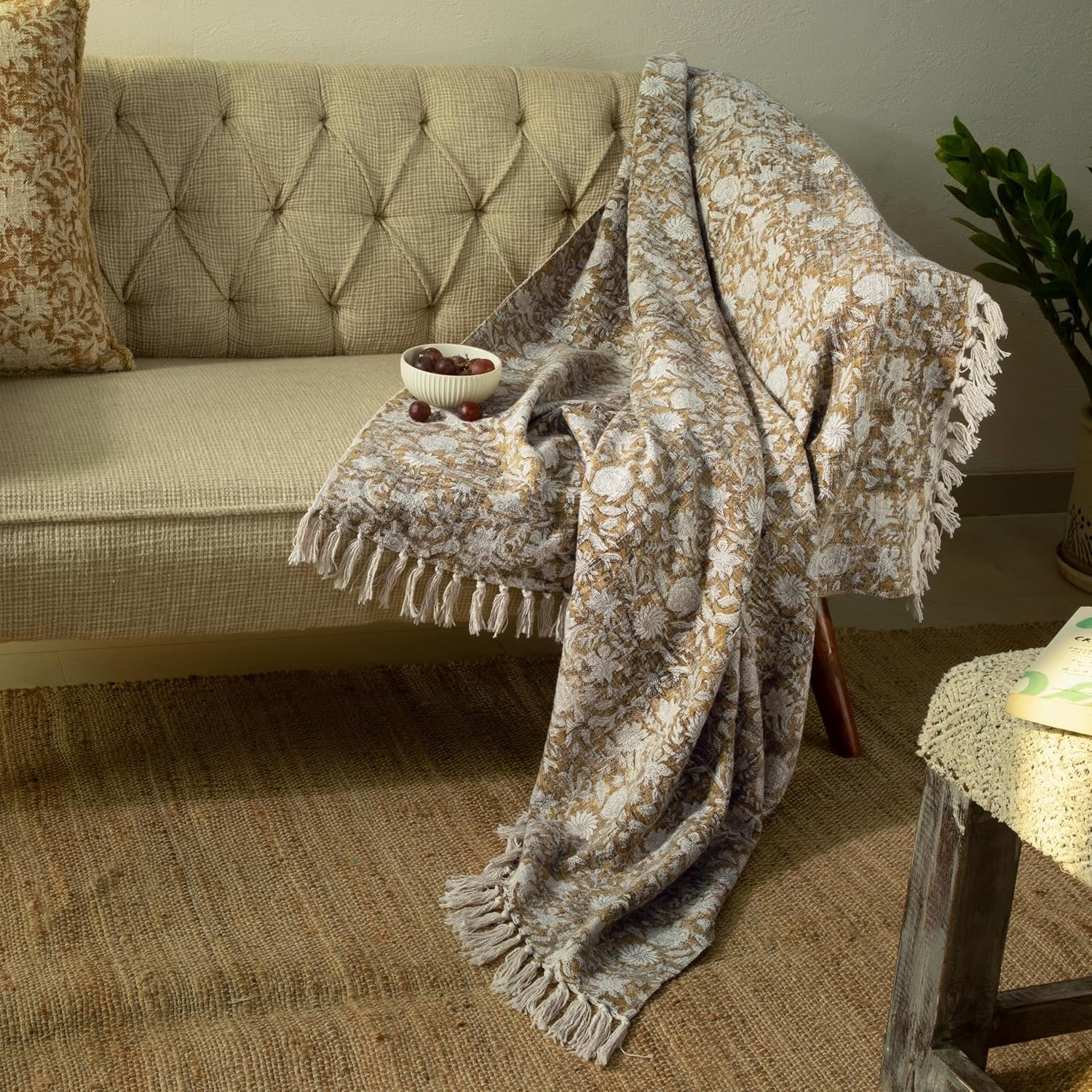 100% Pure Cotton Handblock Printed Throw Blanket, Soft 50″ x 60″ Fringed Floral Print Throw for Couch, Sofa, Chair, Bed – Cozy, Machine Washable, Comfortable Home Decor