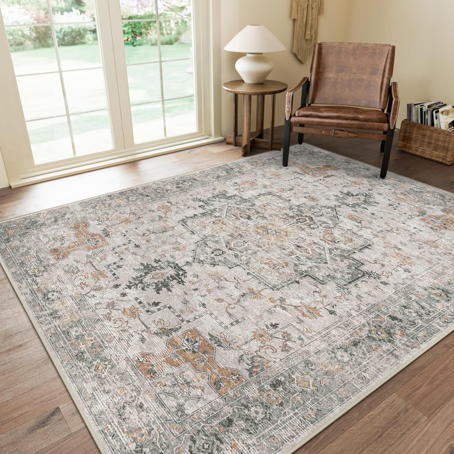 GENIMO 8×10 Area Rugs for Living Room, Machine Washable Non Slip Vintage Rugs, Low Pile Lightweight Chenille Print Rug for Bedroom, Dining Room, Home Office, Light Taupe Brown