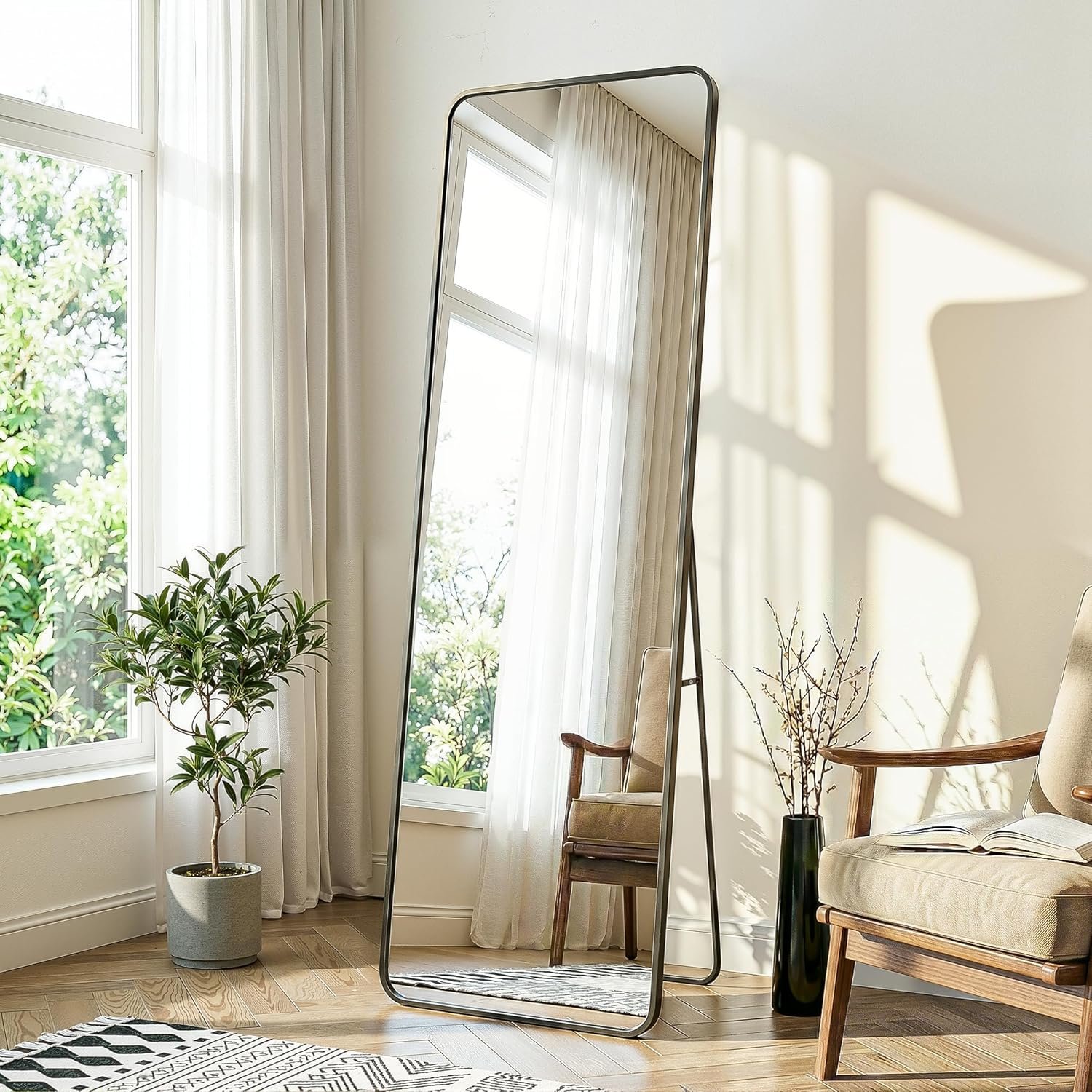Delma Full Length Mirror, 56″x15″ Floor Standing Full Body Mirror for Bedroom, Wall Mounted, Freestanding or Leaning, Rounded Corners Rectangle Design for Living Room, Bedroom or Dressing Room(Black)