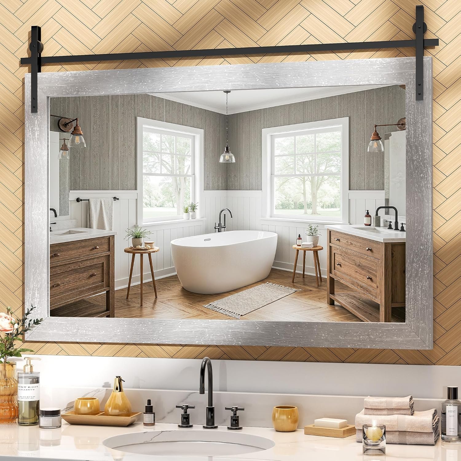 Hasipu Farmhouse Bathroom Mirror, 48″x32″ Rustic Wood Framed Wall Mounted Mirror, Gray Vintage Vanity Mirror Barn Door Style Decrative Mirrors