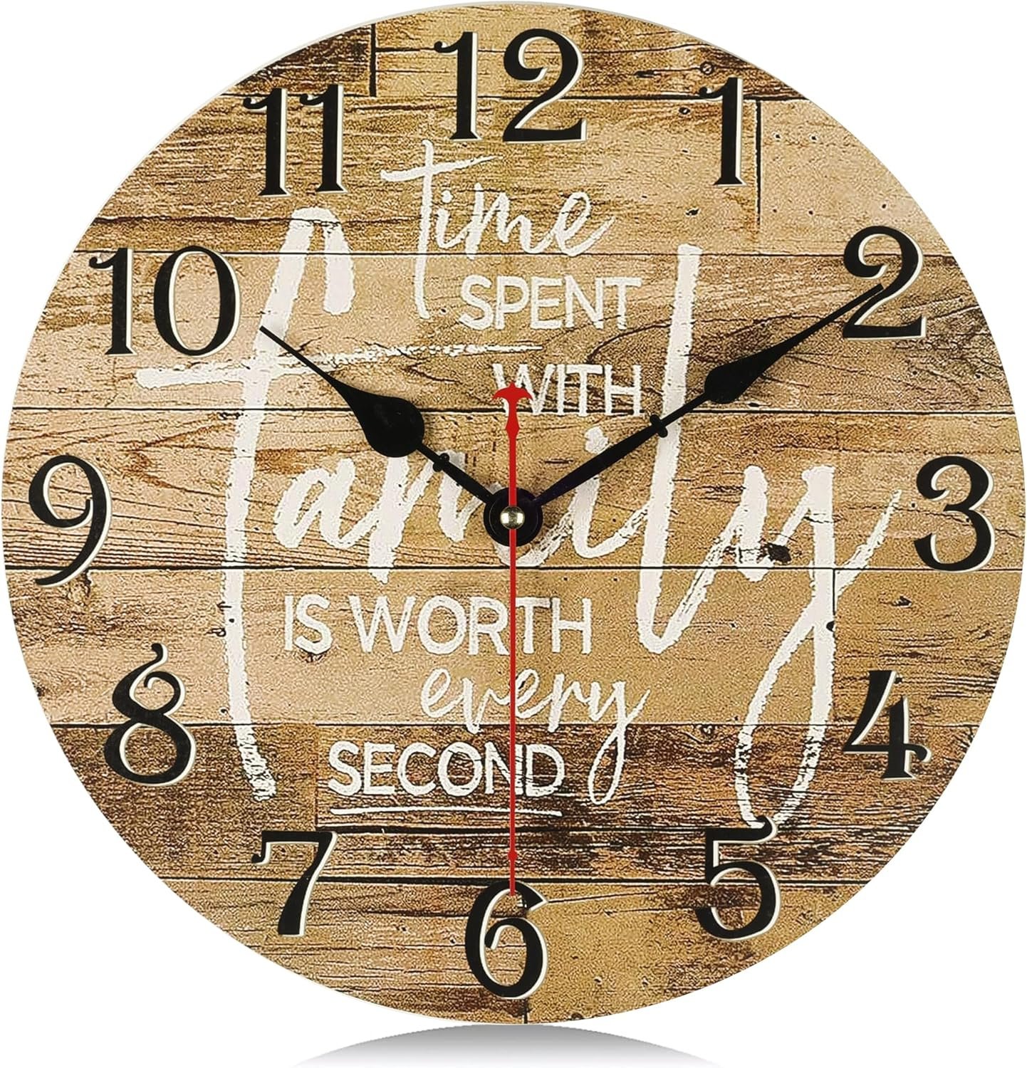 Lafocuse 12 Inch Silent Wooden Rustic Family Wall Clocks for Living Room Decor, Vintage Kitchen Brown Wall Clocks Battery Operated for Bedroom