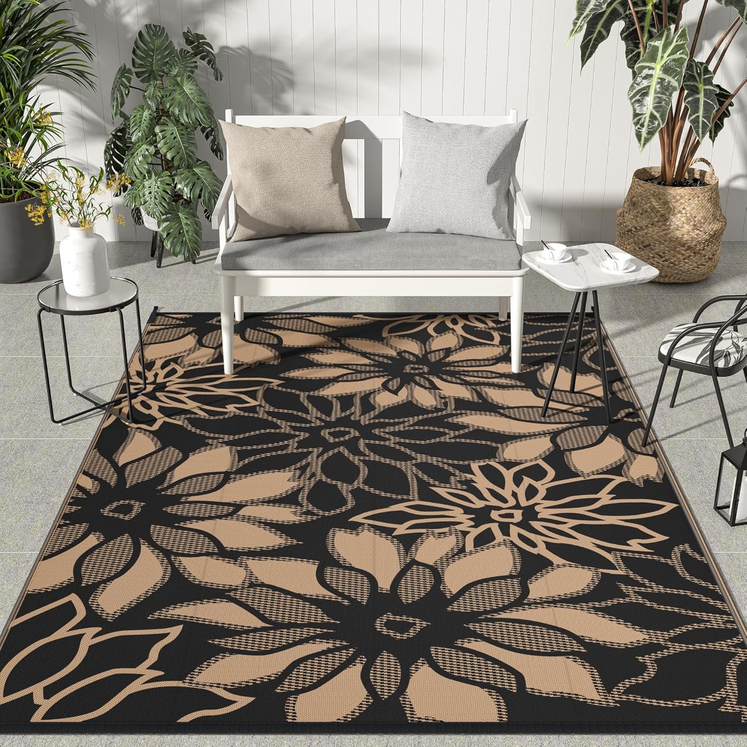 GENIMO Outdoor Rug Waterproof for Patio Decor, 5′ x 8′ Reversible Plastic Straw Floral Camping Carpet, Large Area Rugs Mats for RV, Camper, Deck, Balcony, Porch, Beach, Picnic, Black & Brown