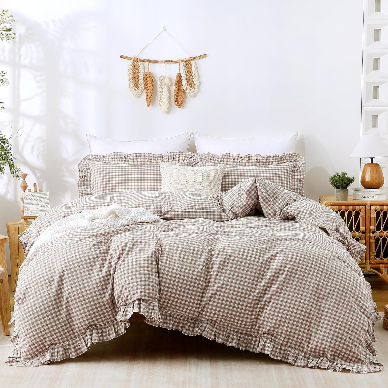 ATsense Tan Gingham Duvet Cover Bedding Set 100% Washed Cotton Like Linen Feel Soft Breathable 3 Pcs Brown Plaid Checkered Cute Ruffle Comforter Cover Set (King 104″x90″, No Comforter)