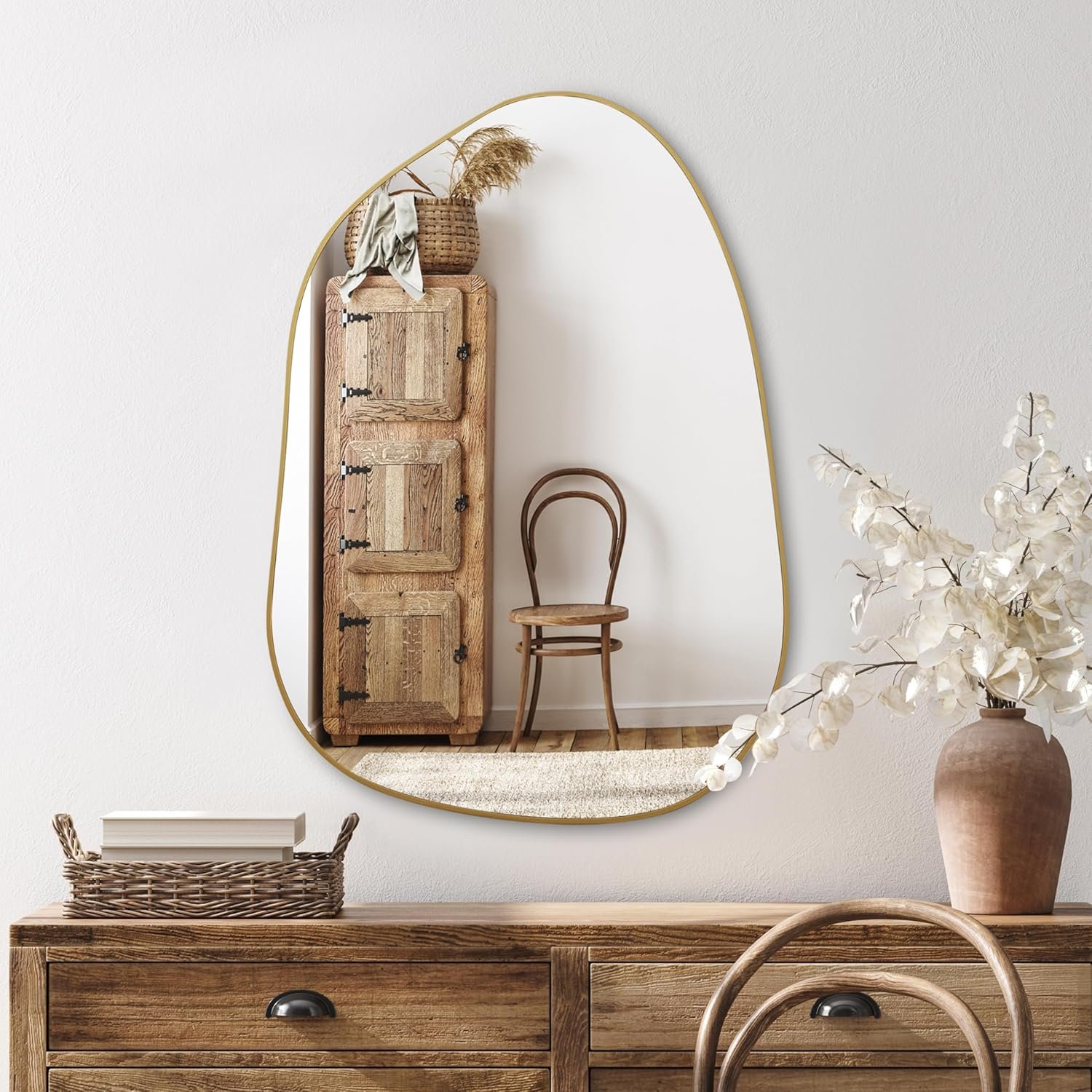 PERFNIQUE Irregular Wall Mirror Asymmetrical Mirror, 27”x19” Gold Mirror for Bathroom Bedroom Living Room Entryway, Decorative Modern Wall Decor, Wall Mounted Mirror (Gold, 27”x19”)