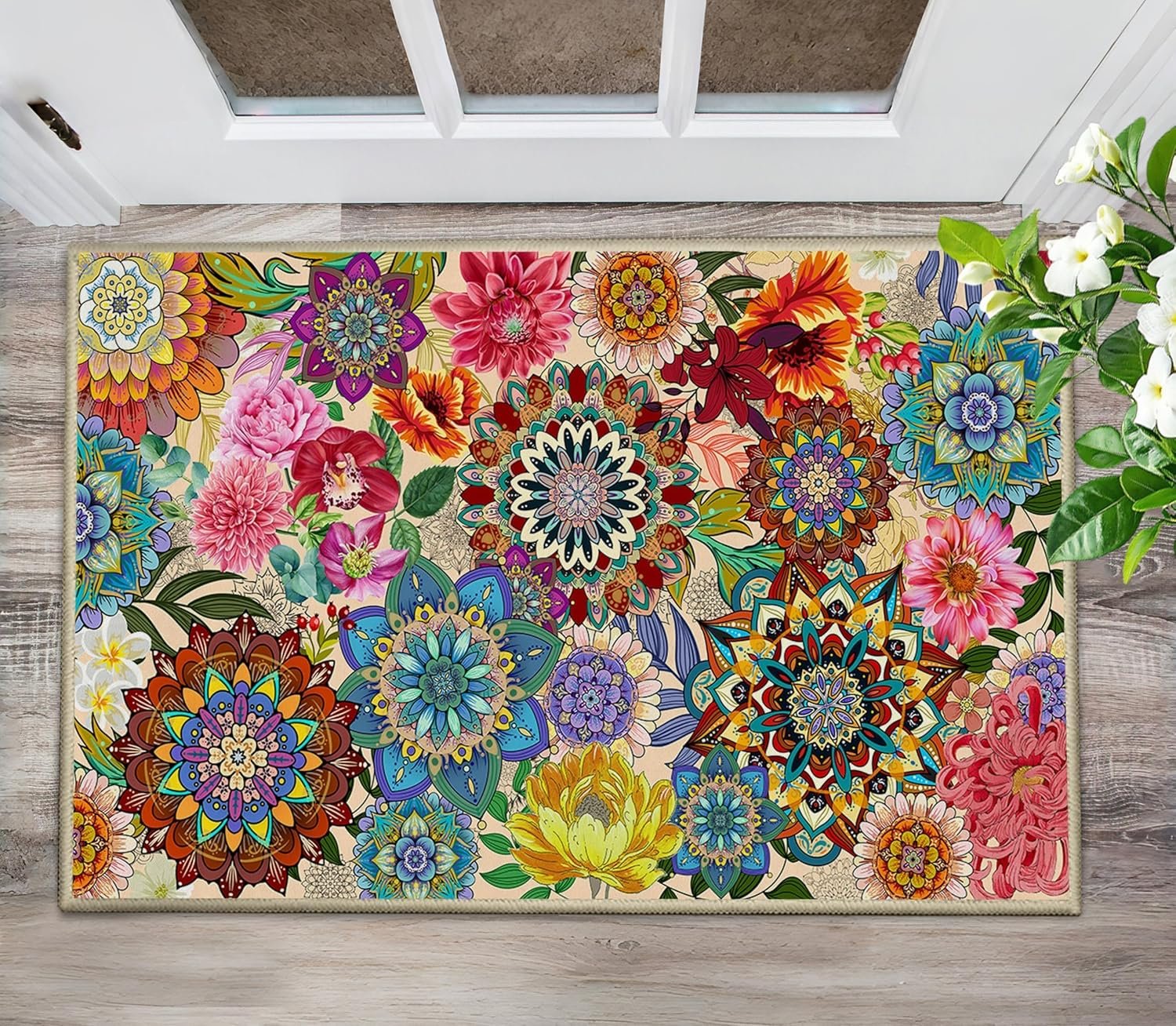 Boho Floral Door Mat 2×3, Colorful Flowers Indoor Entry Rug Non Slip Small Area Rug for Entryway Kitchen Bathroom Front Door Mats Indoor Entrance Washable Doormat Carpet Aesthentic