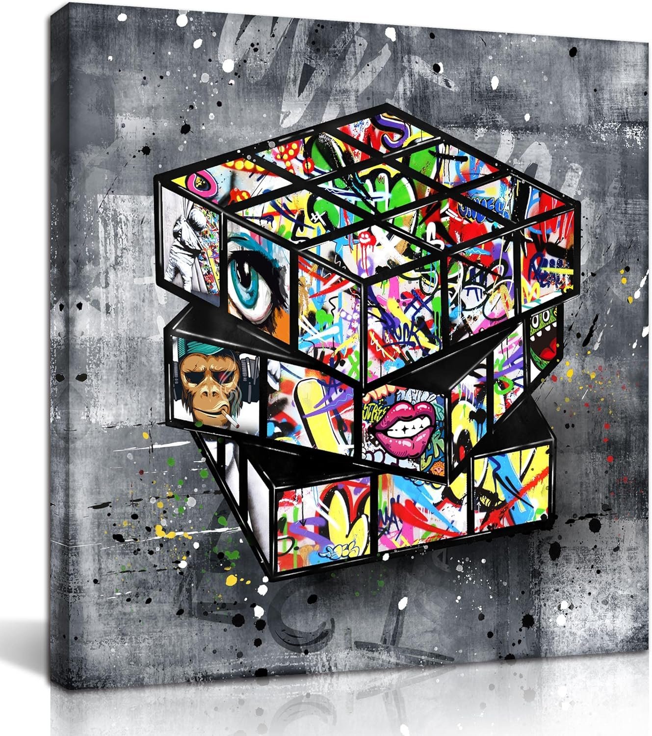 SIXTTART Banksy Canvas Wall-Art for Bedroom – Street Graffiti Wall Art Abstract Painting Pop Art Wall Decor Modern Home Office Decor 14″ W x14 H Stretched and Framed Ready to Hang