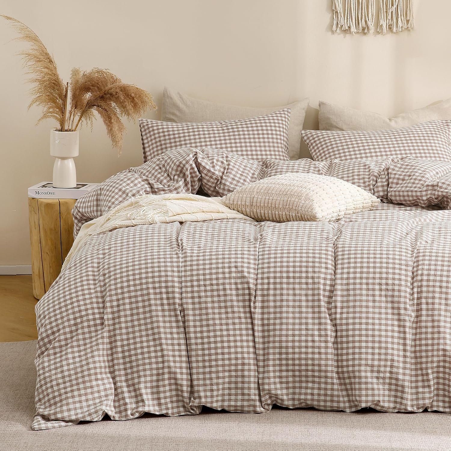 TOCOMOA Tan Gingham Duvet Cover Bedding Set 100% Washed Cotton Like Linen Feel Super Soft Comfy 3 Piece Brown Vintage Plaid Checkered Fall Comforter Cover Set (King 104″x90″, Comforter Not Included)