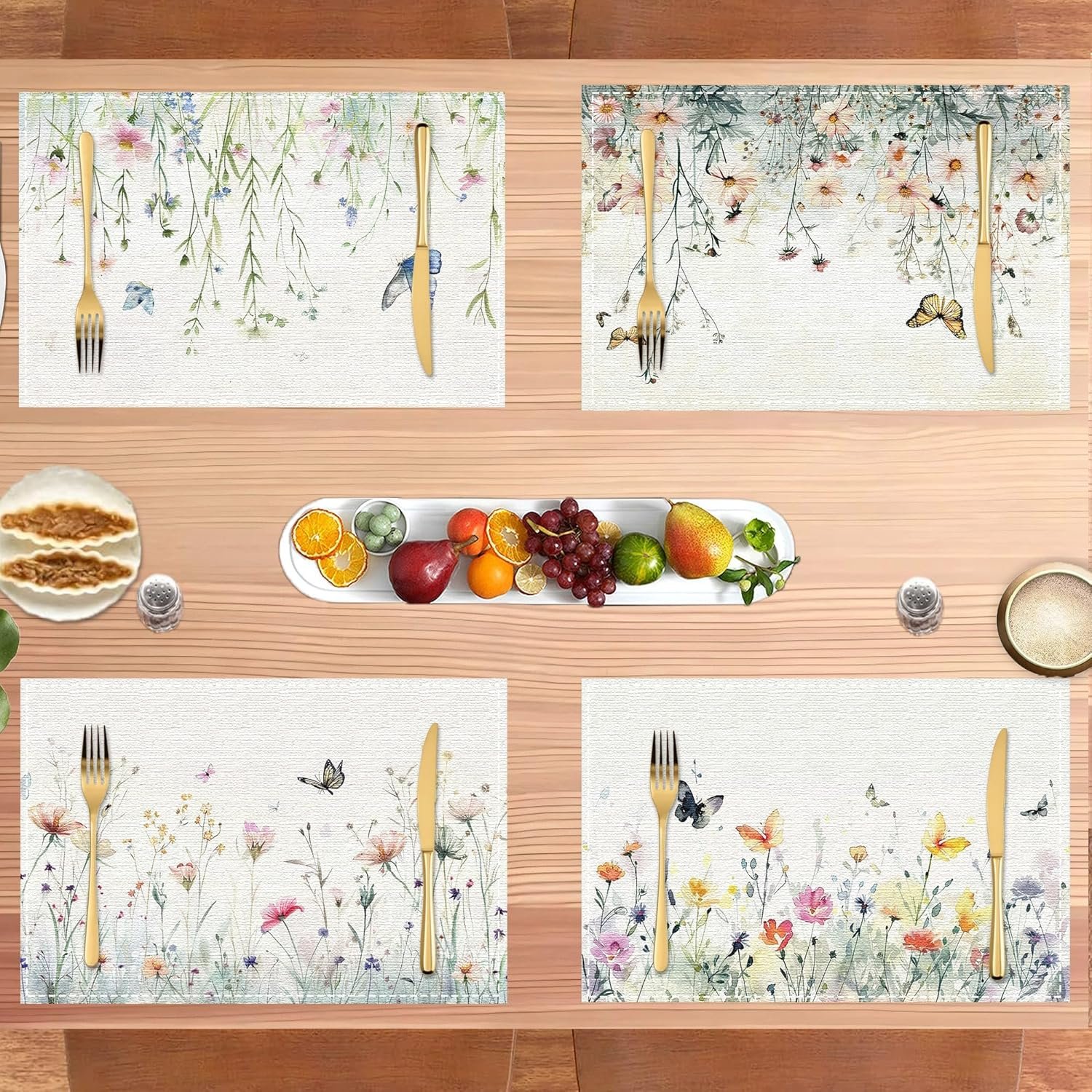 Woven Placemats Set of 4 – Washable Thick Linen Fabric Table Mats Flower for Dining, Party Kitchen & Home Decor, Decorative & Durable (12×18 Inch) A23