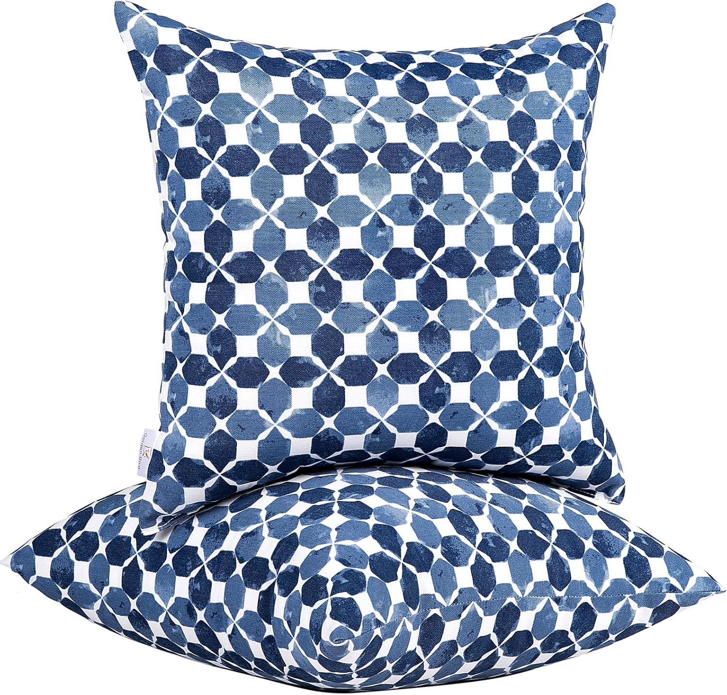 JMGBird Waterproof Outdoor Pillows Set of 2, 18×18 inch Weather Resistant White with Diamond Blue Petal Pattern Throw Pillows with Inserts for Patio Furniture