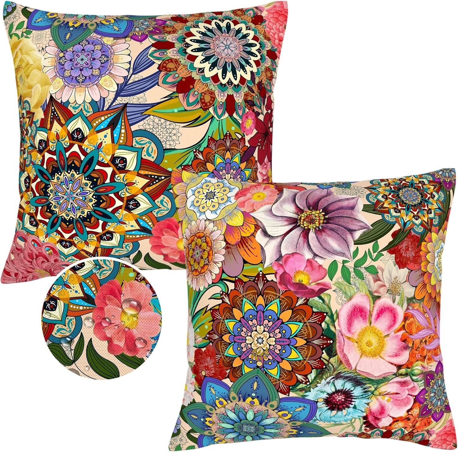 Outdoor Pillow Covers 18×18 Boho Floral Waterproof Throw Pillow Covers Colorful Decorative Outdoor Cushion Cases for Patio Funiture Garden Bench Balcony Sofa Couch Set of 2
