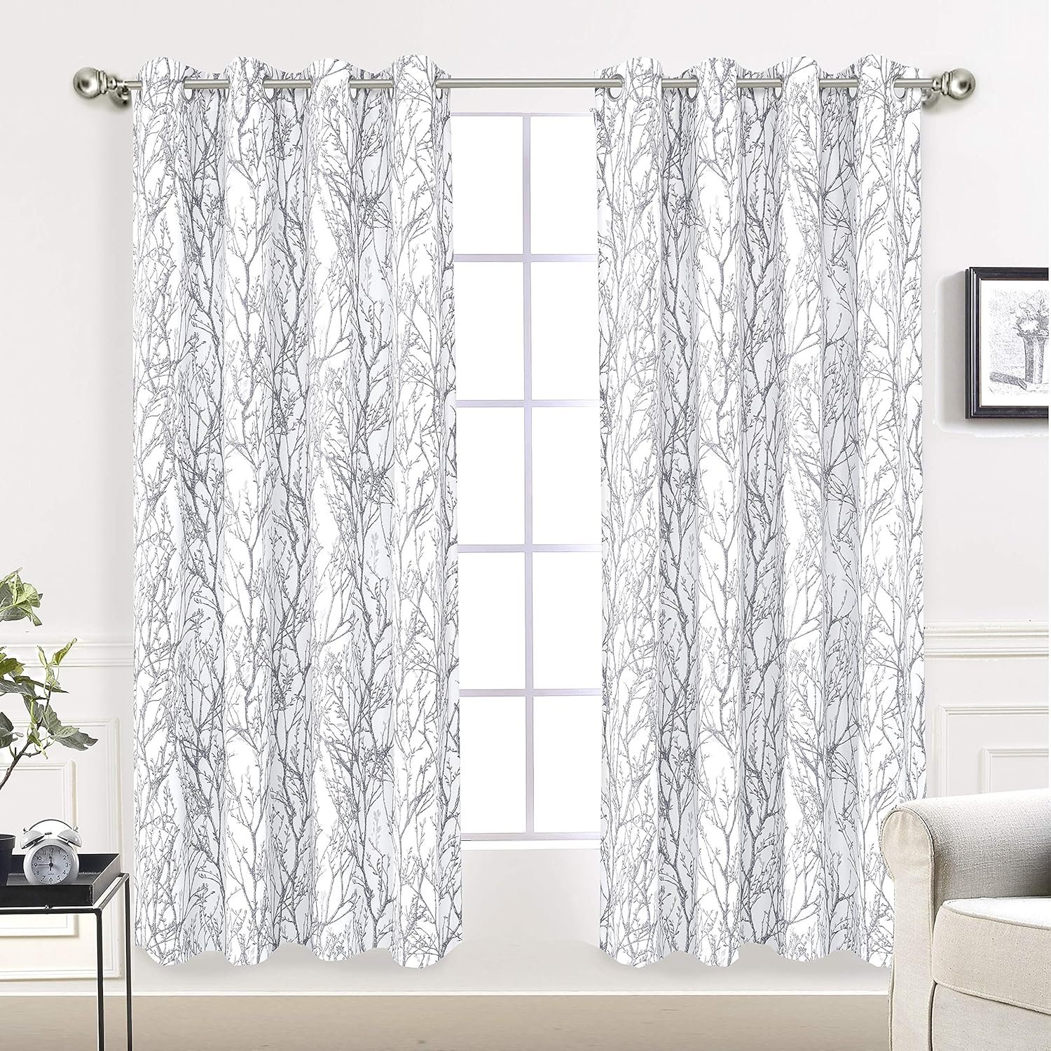 DriftAway Tree Branch Blackout Curtains Double Layer 63 Inches Long for Bedroom Printed Patterned Classic Thermal Insulated Summer Sound Lined Grommet Drapes for Living Room 2 Panels Gray/White