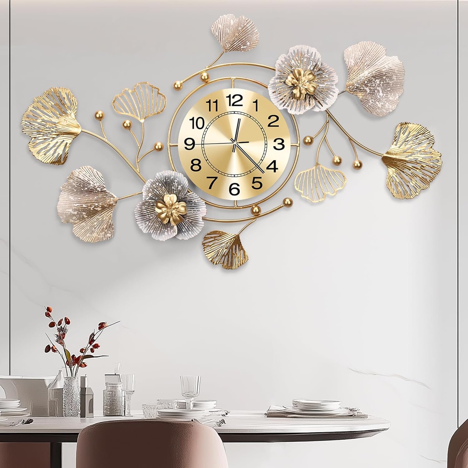 Clocks for Living Room, Large Wall Clock, 3D Silent Wall Clock, Retro Metal Ginkgo Leaf Design, for Bedroom Kitchen Decorative Wall Clocks（35”x20” ）