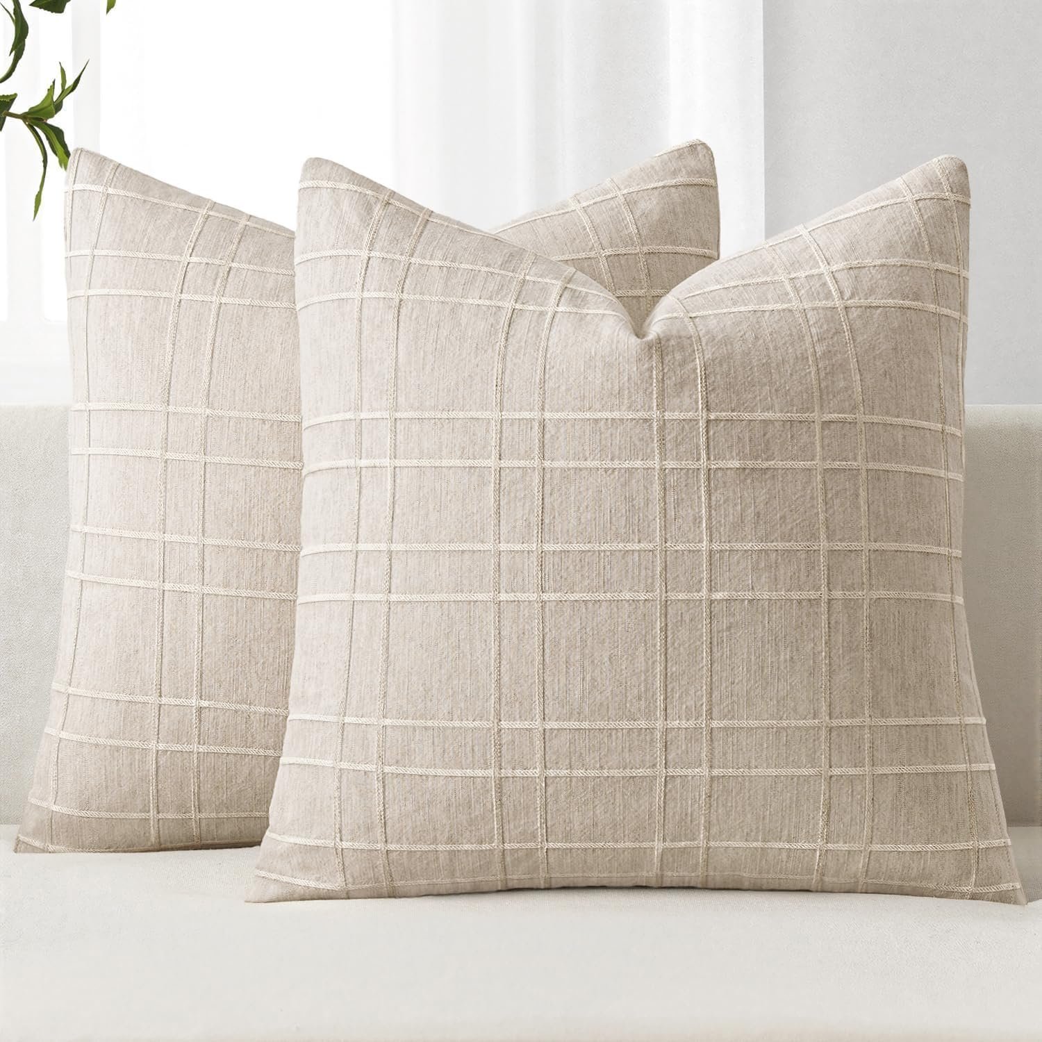 MIULEE Decorative Linen Check Throw Pillow Covers Neutral Farmhouse Vintage Pillow Covers 18×18 Set of 2 Boho Modern Home Decor for Sofa Couch Bedroom Cushion Natural Beige