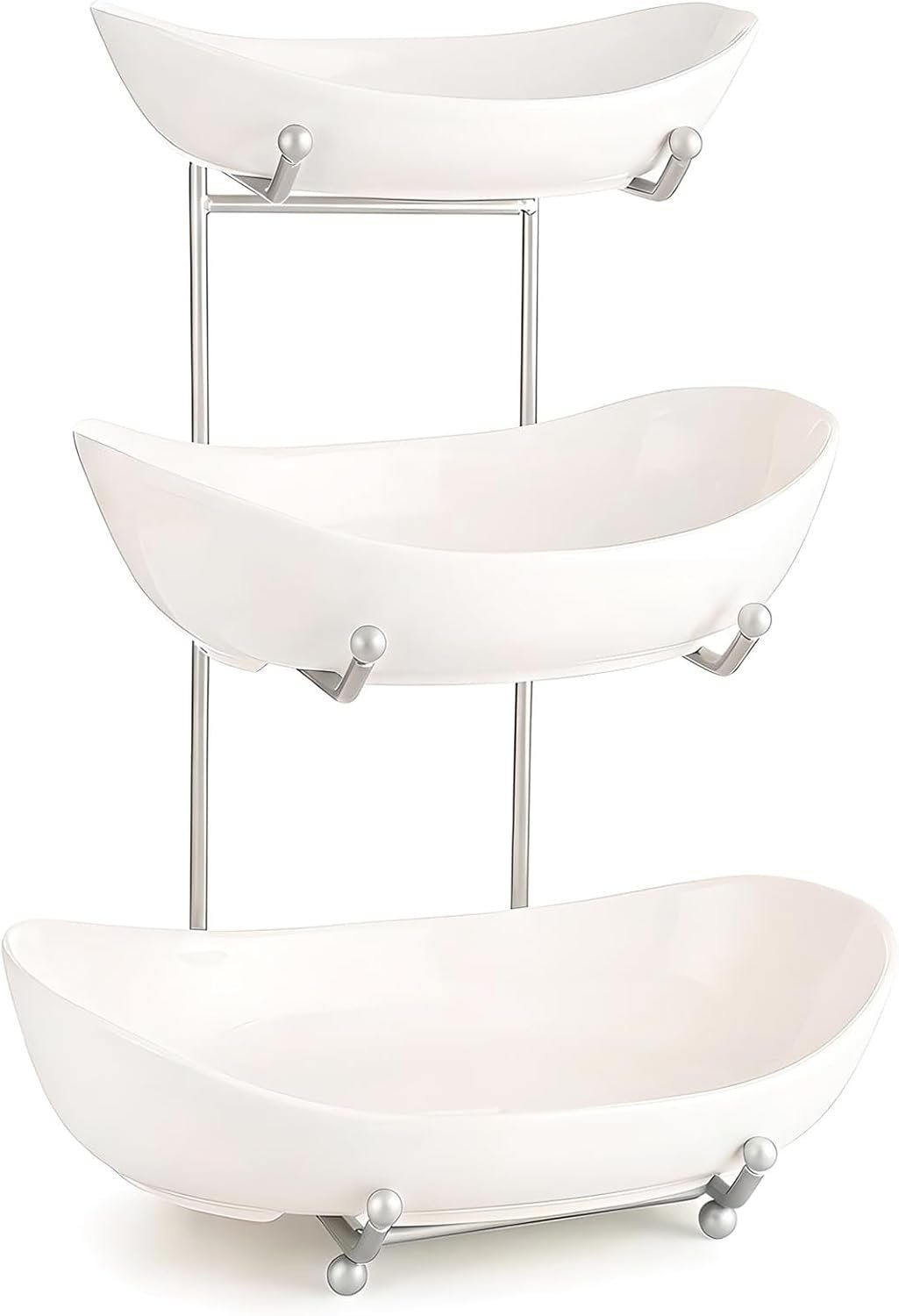 3 Tier Fruit Basket for Kitchen Counter, Silver/White Ceramic Fruit Bowl for Countertop, Home Fruit Rack with Holder, Vegetable Bowl Snacks Nuts Bread Candy Storage (White)