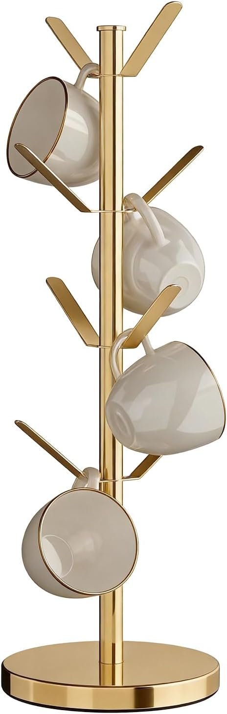 Stainless Steel Mug Holder Tree, Updated Thick Coffee Cup Holder Base, Coffee Cups Stand Mug Holders with 8 Hooks for Countertop Cup Rack Organizer Stand (Gold)