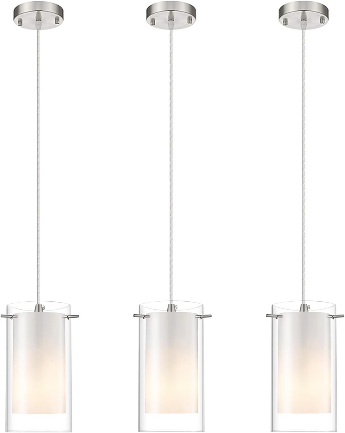 AKEZON 3-Light Pendant Lights, Kitchen Island Glass Hanging Light Fixture, Adjustable Height, Brushed Nickel Finish for Indoor Kitchen Dining Room Hallway