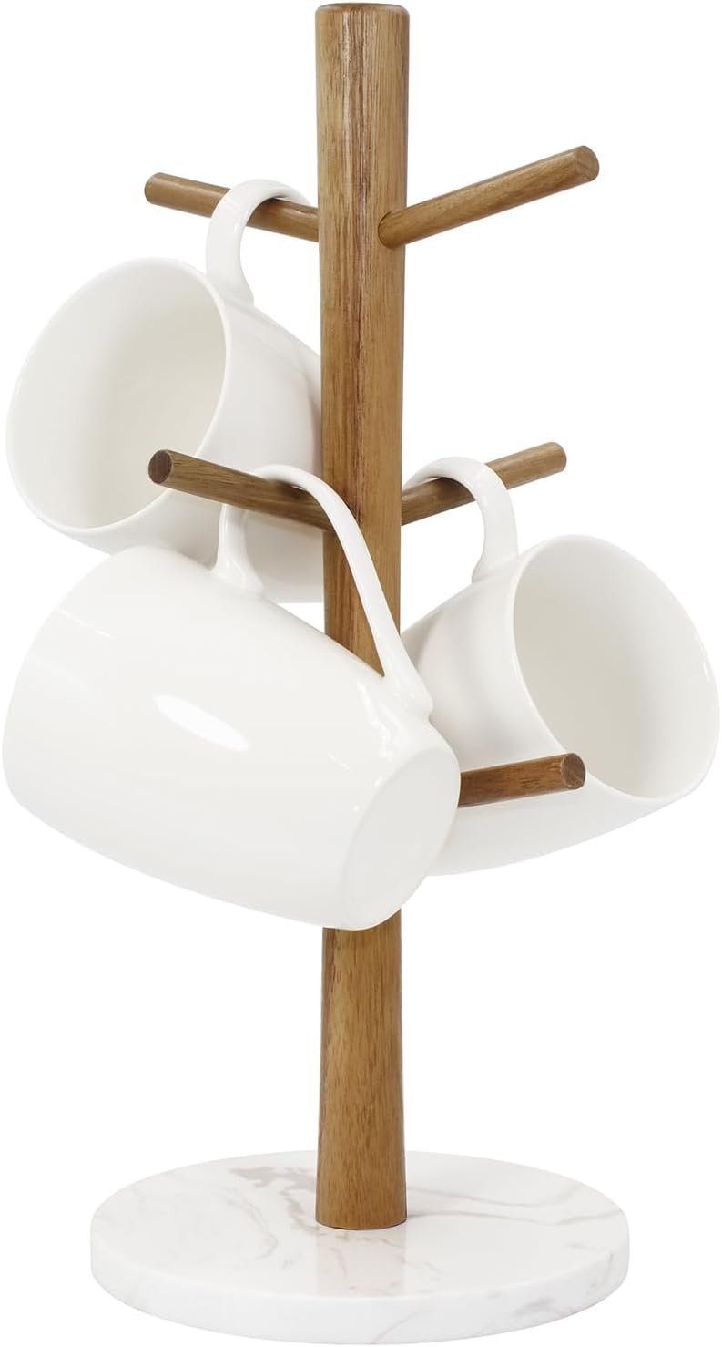 Buruis Wood Mug Holder, Marble Base Cup Rack Tree, Mug Stand Hanger, Kitchen Coffee Tree Countertop Tea Holder Stand, Coffee Cup Dryer with 6 Hooks (Round Base White)
