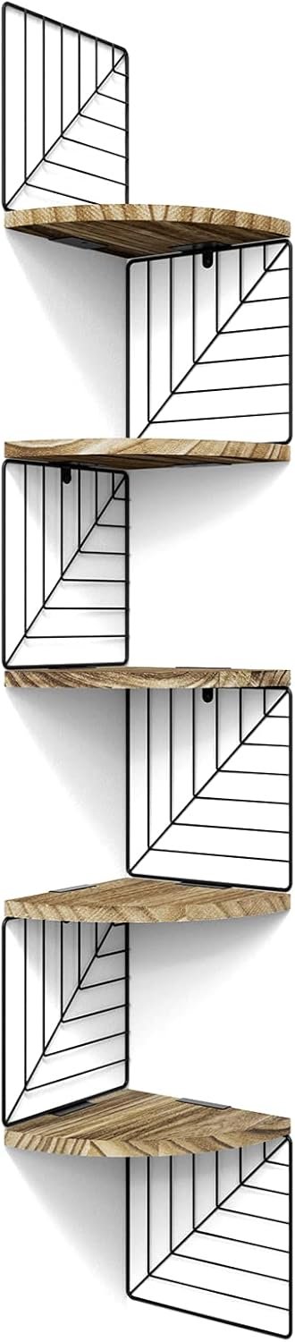 Love-KANKEI Corner Shelf Wall Mount of 5 Tier Rustic Wood Floating Shelves Wall Shelves for Bedroom Living Room Bathroom Kitchen Office and More Carbonized Black