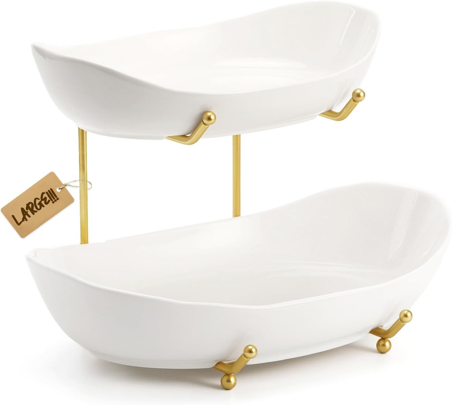 Large Size 2 Tier Ceramic Fruit Bowl,（13.4 and 11 inch Plate）More Storage Space, Golden Metal Stand for Kitchen Counter,Porcelain Fruit Basket for Countertop, Snack, Nuts, Cake, Dessert – White