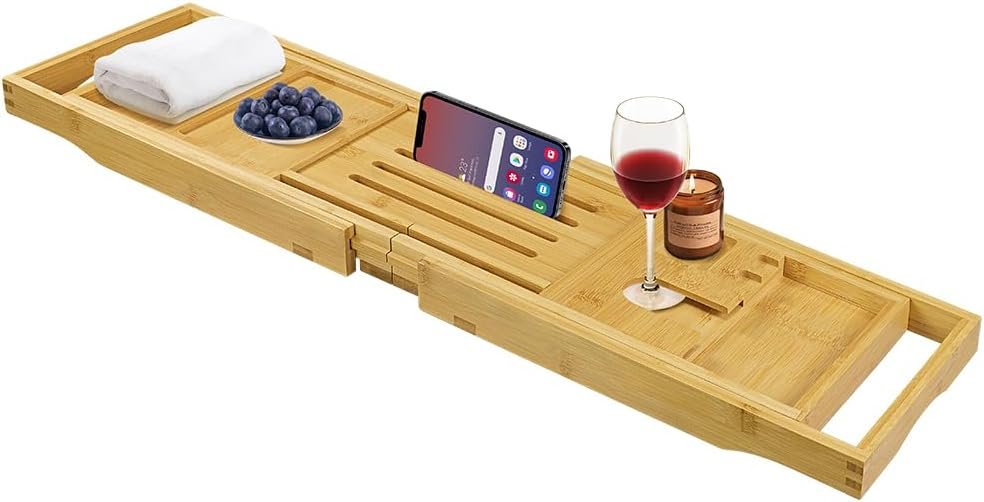 BFTOU Bamboo Bathtub Tray Expandable Bath Table Tray Bathtub Caddy for Relaxing SPA Bathroom Accessories for House Warming Shower