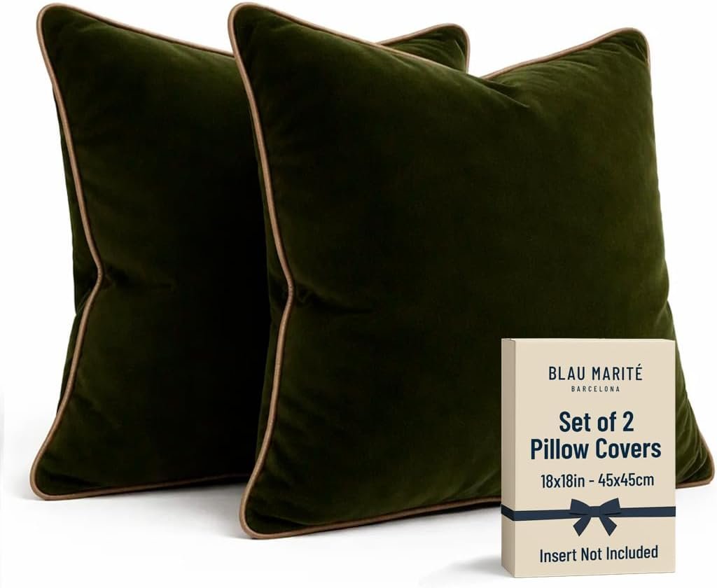 2 Pack Velvet Decorative Throw Pillow Covers, 18″x18″, Green and Camel, Solid, Modern, Contrast Piping, Indoor Use, Bedroom & Living Room