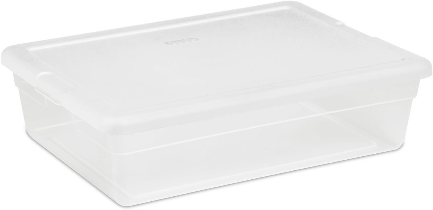 Sterilite 28 Qt Underbed Storage Box, Stackable Bin with Lid, Plastic Container to Organize, Bedroom, Clear Base and White Lid, 1-Pack