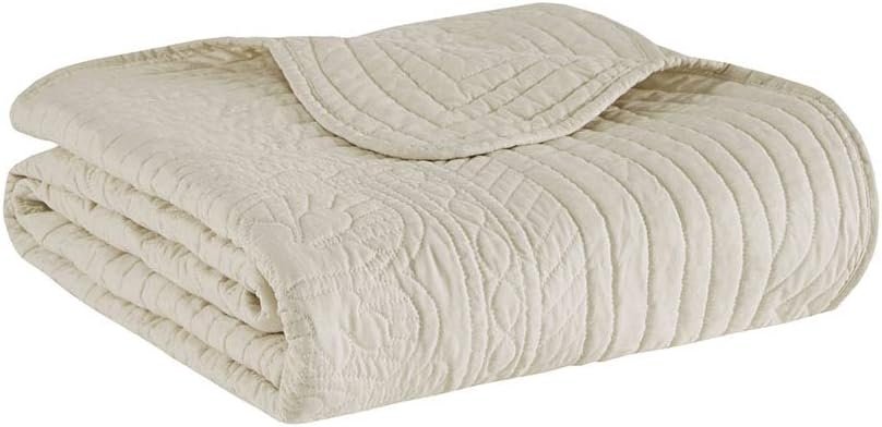 Madison Park Luxe Quilted Throw Blanket – Damask Stitching Design, Cotton Filled Spread, Ultra Soft, Cozy Bedding for Living Room Couch, Sofa, Bed, 60×72″, Scalloped Borders Cream