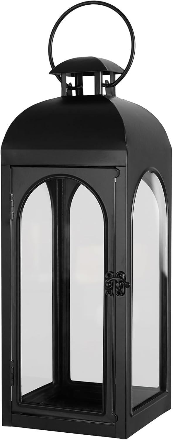 Lantern Decorative Indoor & Outdoor, 16.5IN Large Hanging Candle Lanterns, Black Metal Decorative Candle Lanterns, Waterproof Hanging Lantern for Porch Patio Wedding Home