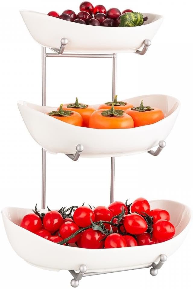 YYW 3 Tier Fruit Bowl for Kitchen Counter, White Ceramic Fruit Stand for Countertop, Home Fruit Rack with Holder, Fruit Basket Stand Vegetable Bowl Snacks Nuts Bread Candy Storage (White)