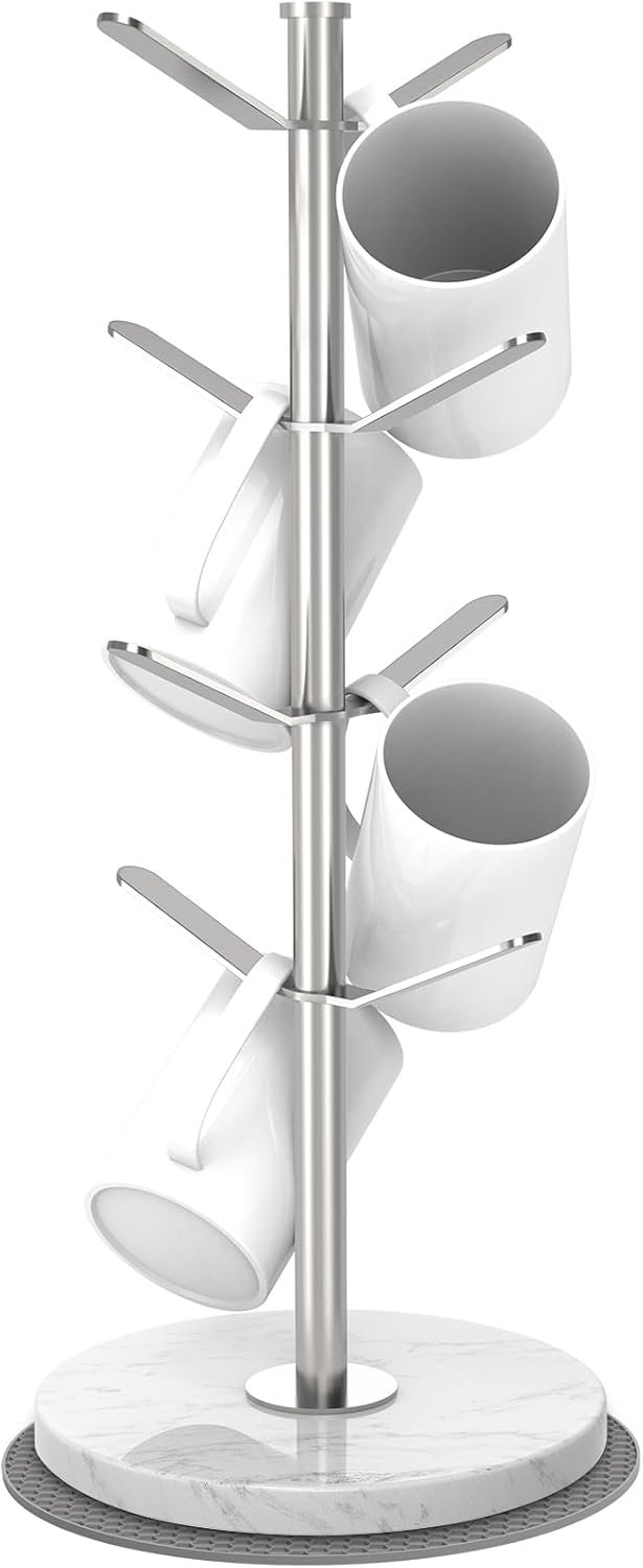 Marble Mug Holder Tree with 8 Hooks, Detachable Stainless Steel Coffee Cup Holder, 2-8 Hooks Freely Adjustable, Modular Height, Heavy Duty Base Kitchen Countertop Organizer, Silver