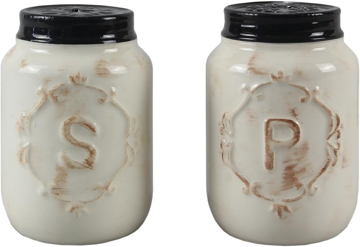Young’s Inc Mini Ceramic Farmhouse Salt & Pepper Shaker Set, Rustic Style Kitchen Decor, Cute Mason Kitchen Table Accessories and Decor,Set of 2 Mini Spice Shakers, 2.5 Inch