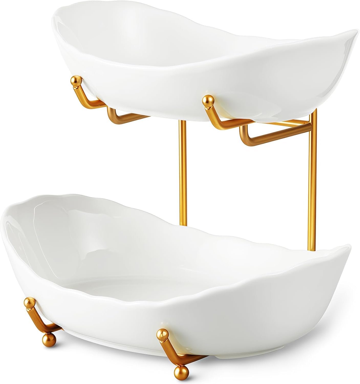 2 Tier Ceramic Fruit Bowl for Kitchen Counter, Tiered Fruit Basket for Countertop, Modern Multi Layer Fruit Display Stand for Party, Cute (Gold&White, Small) 1