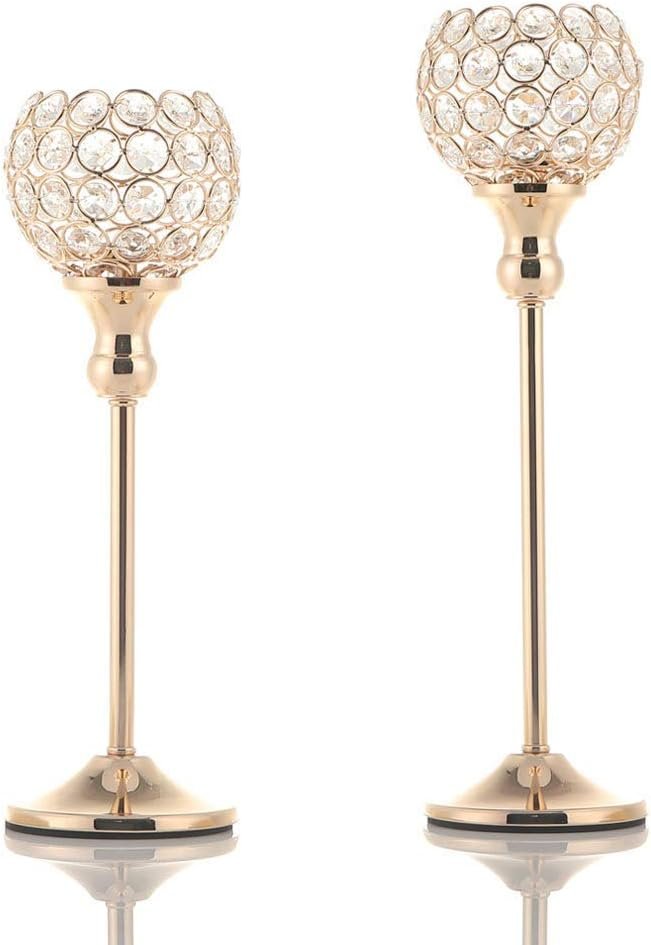 Gold Crystal Candle Holders Set of 2,Pillar Candlesticks for Table Centerpieces, Valentine’s Day Home Decor Wedding Party Housewarming Gift