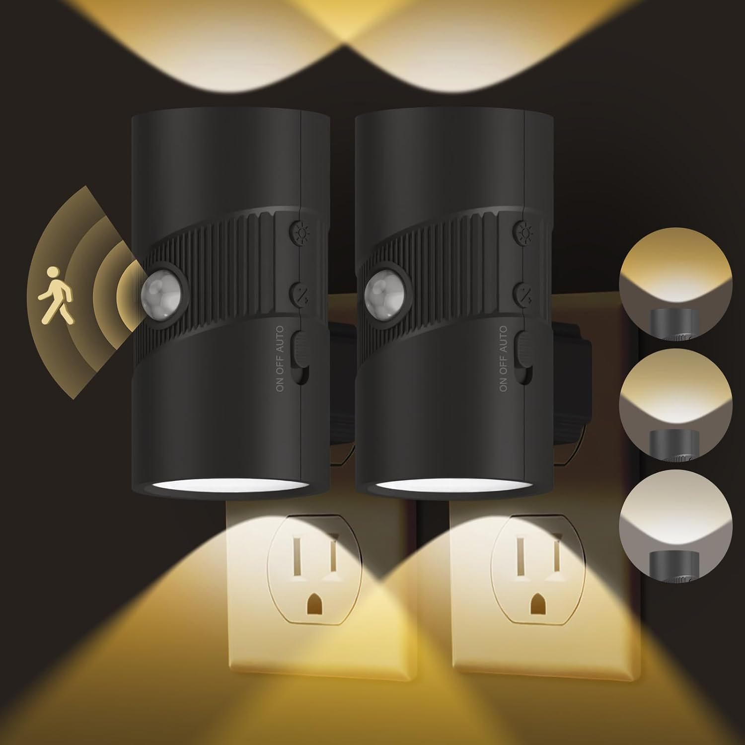 easuntec Motion Sensor Night Light, Night Lights Plug into Wall, Motion Sensor & Dusk to Dawn Sensor, 3 Light Modes, Dimmable Night Light for Bedroom Bathroom Hallway Stair (Black, 2 Pack)