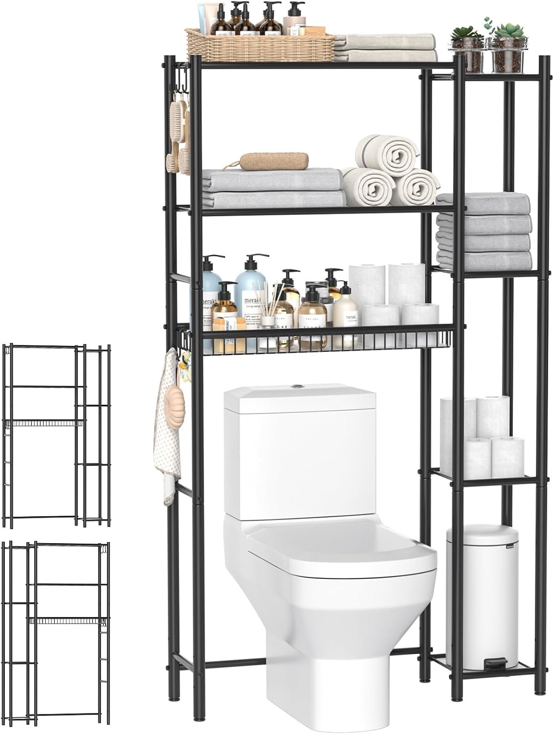 Hodonas Over The Toilet Storage Shelf – Bathroom Organizer Rack with 7-Tier Shelves, Adjustable Metal Shelf Above Toilet for Storage, Freestanding Bathroom Space Saver, Black